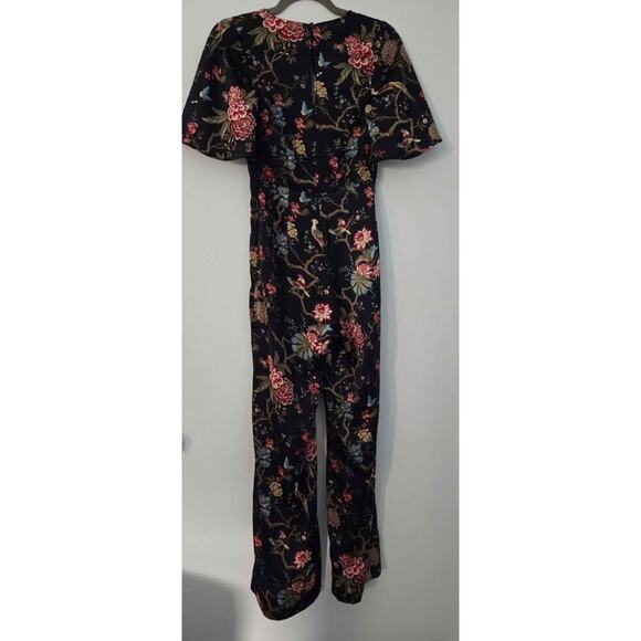 H&M Black Floral Bird Print Jumpsuit Size 00 Elegant Boho Chic One Piece - Picture 3 of 7